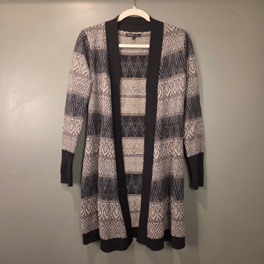 Berretti Women's Open Front Longline Cardigan Wool‎ Blend Geometric, Size S